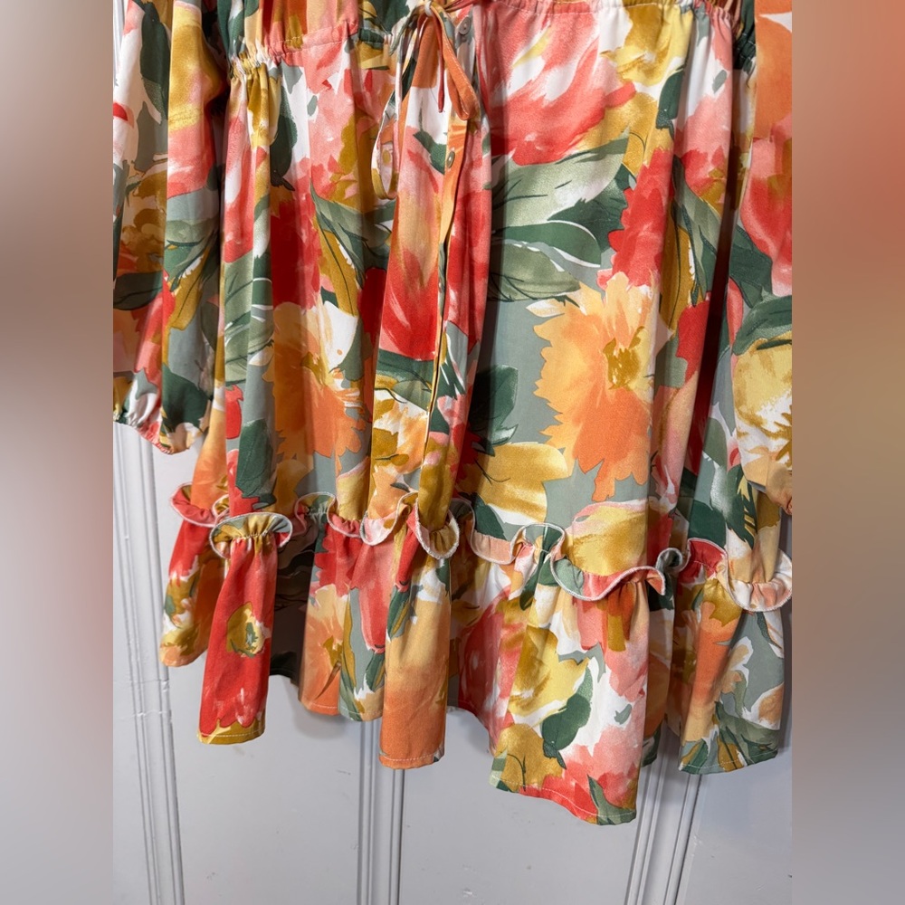 Jodifl Floral Watercolor Blooms‎ Dress Long Sleeves Ruffle Boho Poet Size Large - Picture 4 of 16